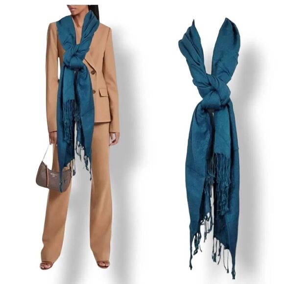 Super Soft Subtle Turquoise and Blue Paisley Fringe Scarf - Picture 1 of 5